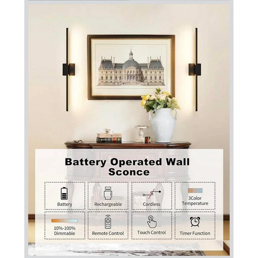 36 Inch Battery Operated Wall Sconce‎ Set of Two, 8000mAh USB Rechargeable W...